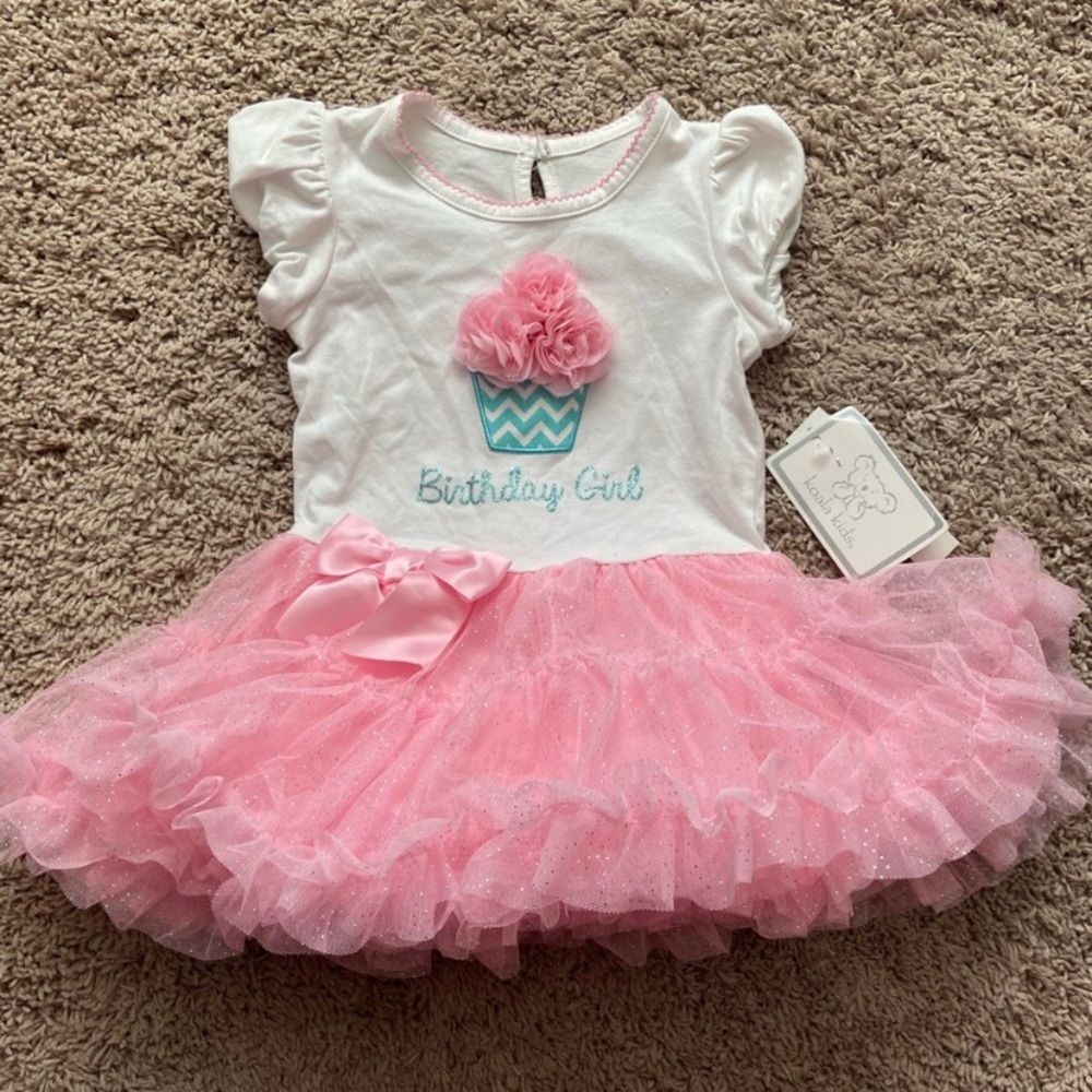 Koala Kids Pink, White and Teal Birthday Girl Tutu Dress with Cupcake Detail